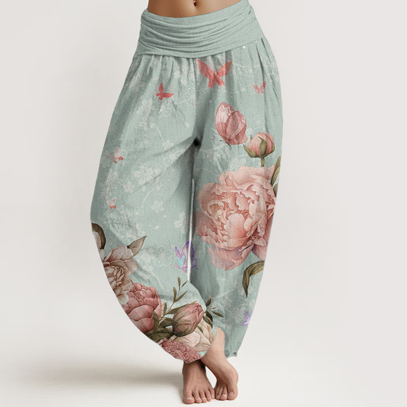 Pantaloni harem da donna con elastico in vita, in puro cotone, casual, con motivo a peonie e farfalle, modello Buddha Stones
