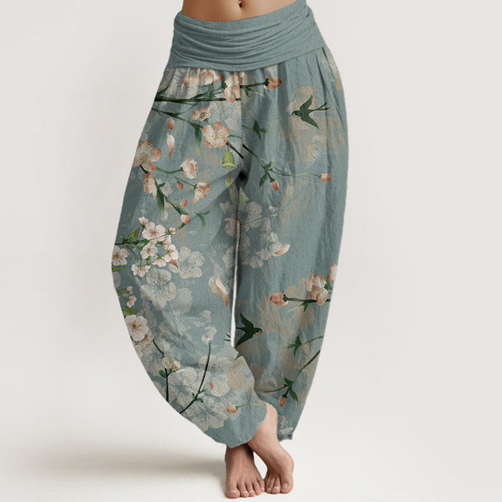 Pantaloni harem da donna con elastico in vita, in puro cotone, con motivo a fiori di pesco e oche volanti, motivo Buddha Stones