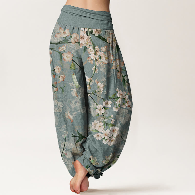 Pantaloni harem da donna con elastico in vita, in puro cotone, con motivo a fiori di pesco e oche volanti, motivo Buddha Stones