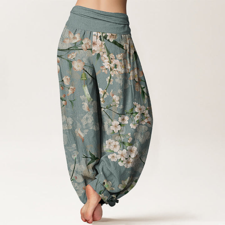 Pantaloni harem da donna con elastico in vita, in puro cotone, con motivo a fiori di pesco e oche volanti, motivo Buddha Stones