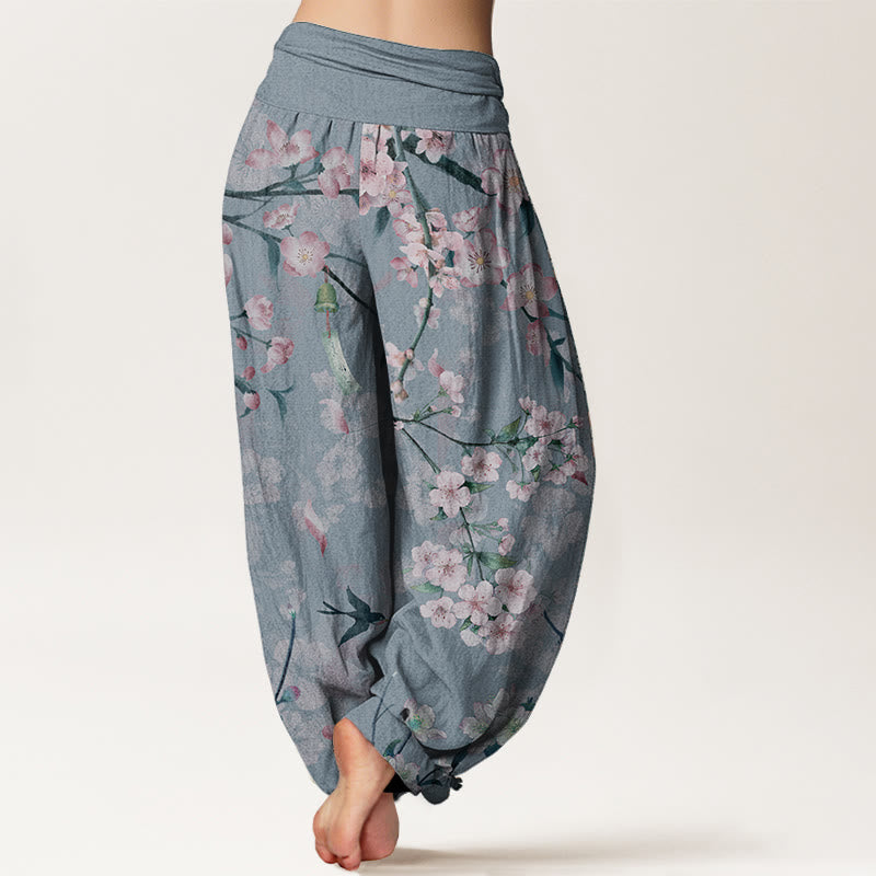 Pantaloni harem da donna con elastico in vita, in puro cotone, con motivo a fiori di pesco e oche volanti, motivo Buddha Stones