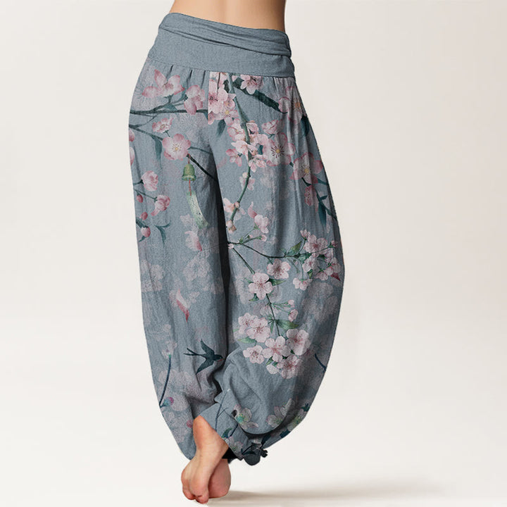 Pantaloni harem da donna con elastico in vita, in puro cotone, con motivo a fiori di pesco e oche volanti, motivo Buddha Stones