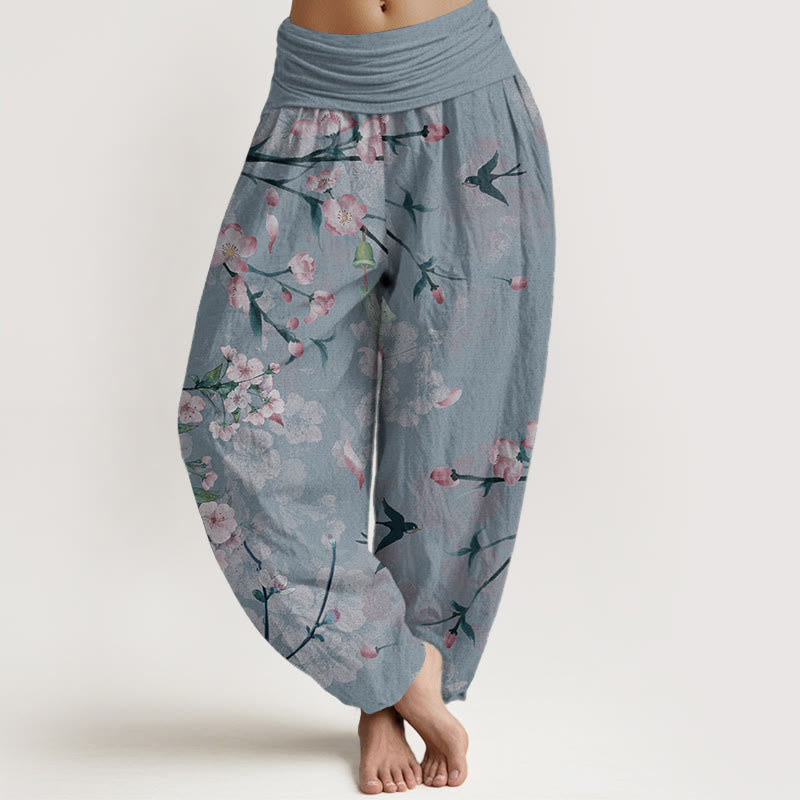 Pantaloni harem da donna con elastico in vita, in puro cotone, con motivo a fiori di pesco e oche volanti, motivo Buddha Stones