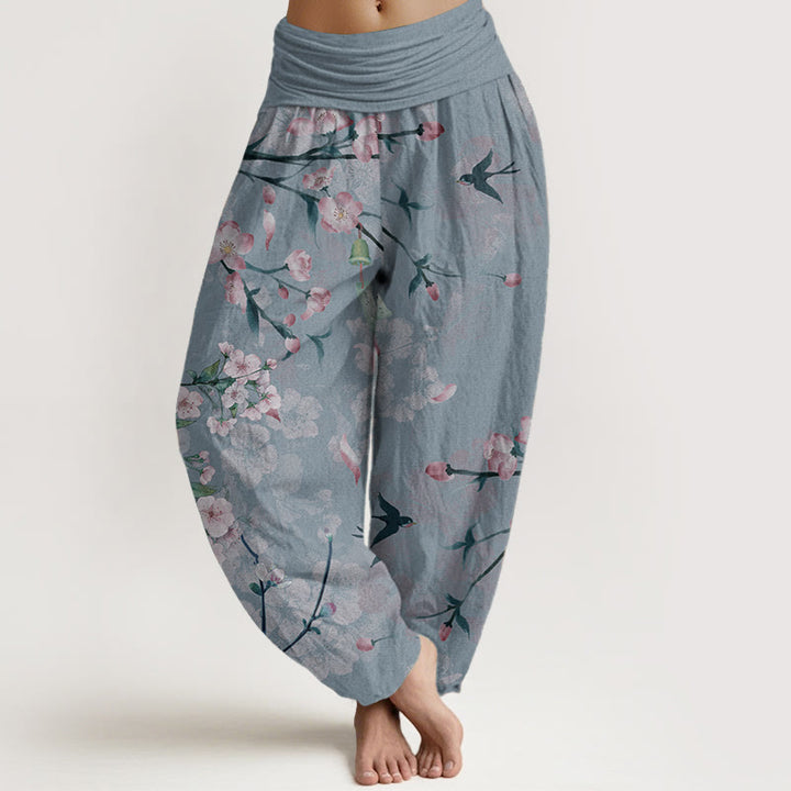 Pantaloni harem da donna con elastico in vita, in puro cotone, con motivo a fiori di pesco e oche volanti, motivo Buddha Stones