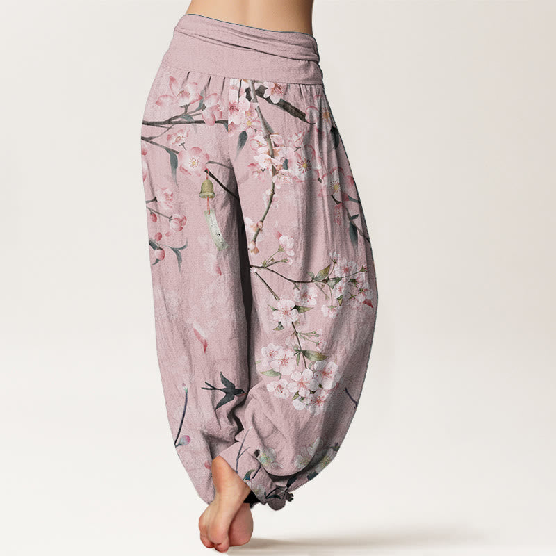 Pantaloni harem da donna con elastico in vita, in puro cotone, con motivo a fiori di pesco e oche volanti, motivo Buddha Stones
