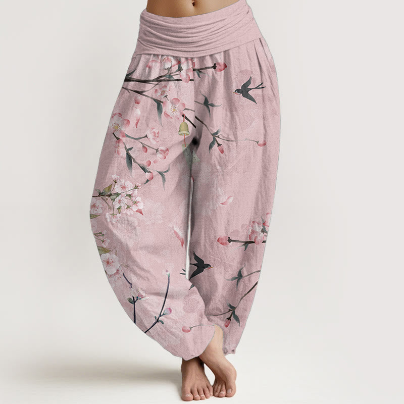 Pantaloni harem da donna con elastico in vita, in puro cotone, con motivo a fiori di pesco e oche volanti, motivo Buddha Stones