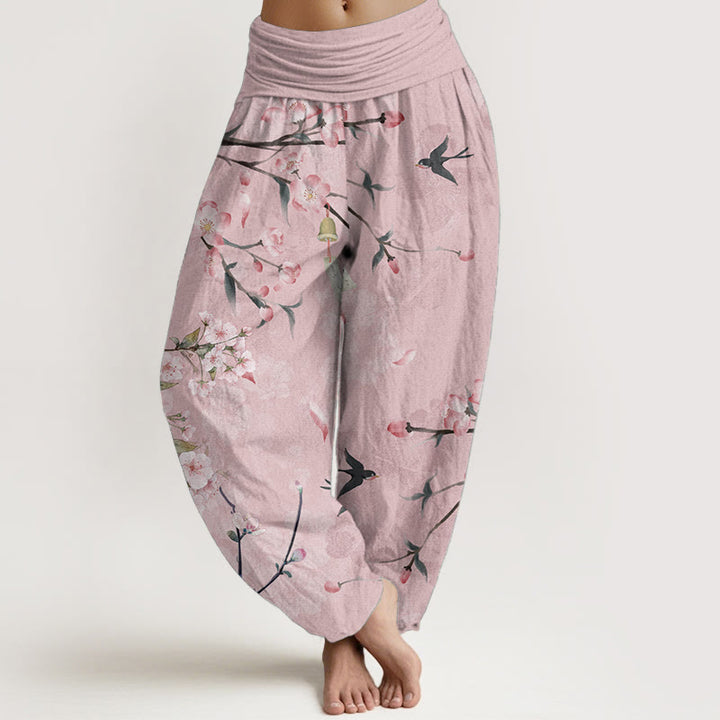 Pantaloni harem da donna con elastico in vita, in puro cotone, con motivo a fiori di pesco e oche volanti, motivo Buddha Stones