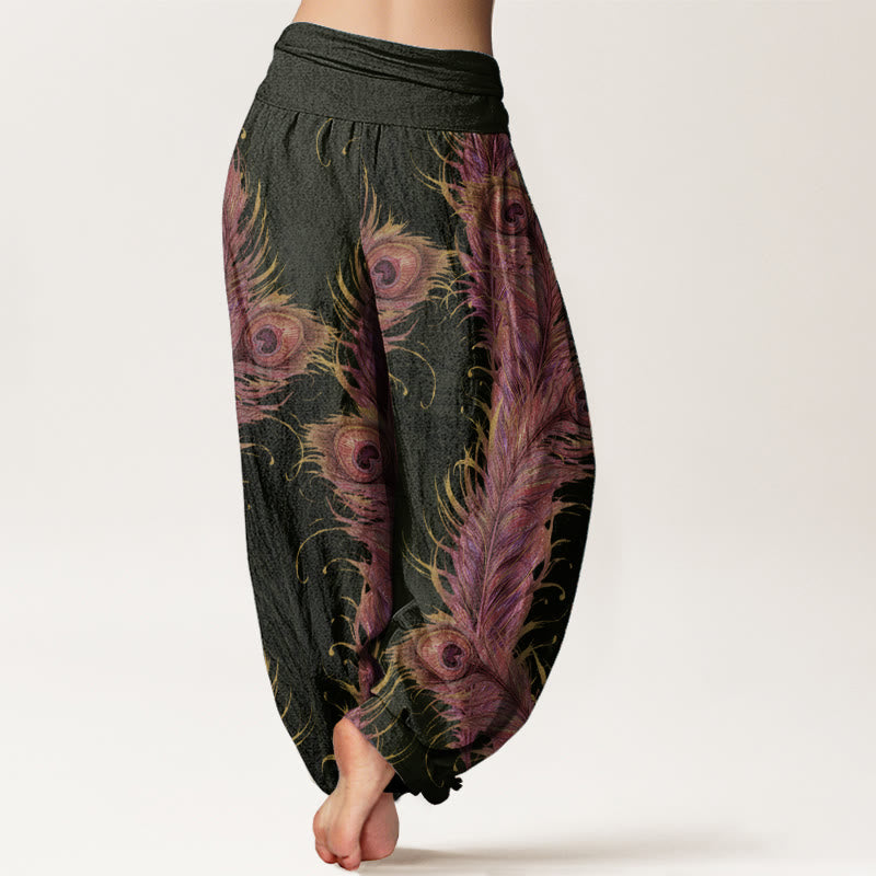 Pantaloni harem da donna con elastico in vita, in puro cotone con motivo fenice brillante, Buddha Stones