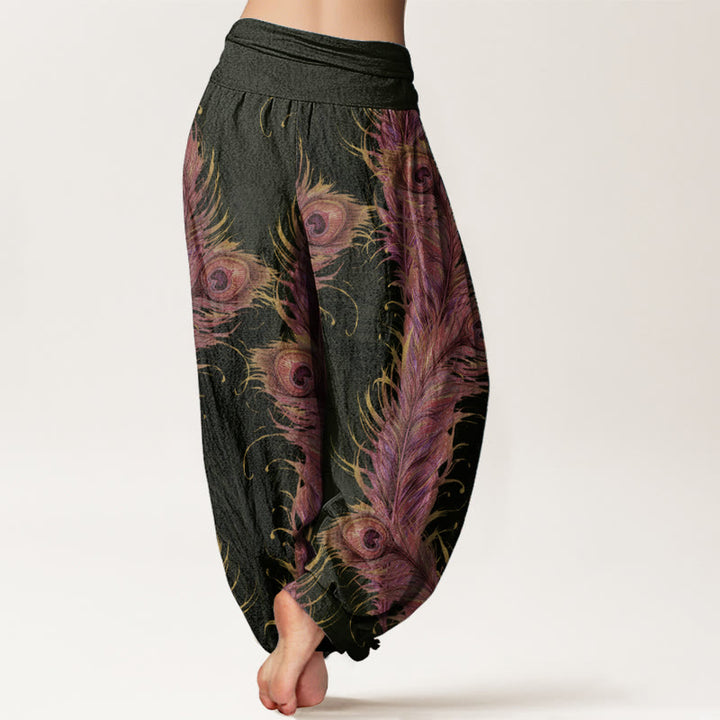 Pantaloni harem da donna con elastico in vita, in puro cotone con motivo fenice brillante, Buddha Stones