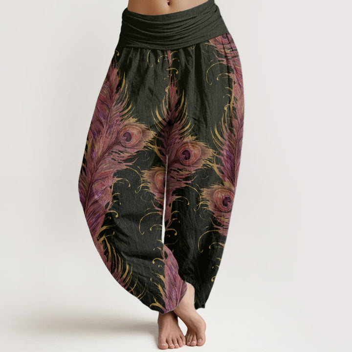 Pantaloni harem da donna con elastico in vita, in puro cotone con motivo fenice brillante, Buddha Stones