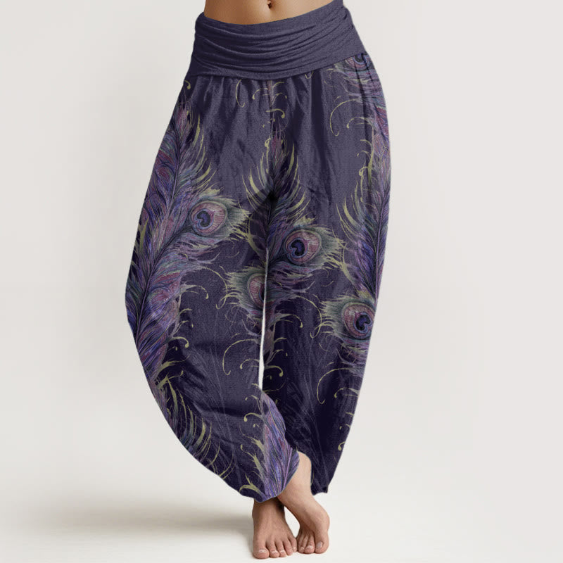 Pantaloni harem da donna con elastico in vita, in puro cotone con motivo fenice brillante, Buddha Stones