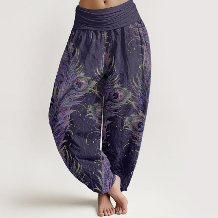 Pantaloni harem da donna con elastico in vita, in puro cotone con motivo fenice brillante, Buddha Stones