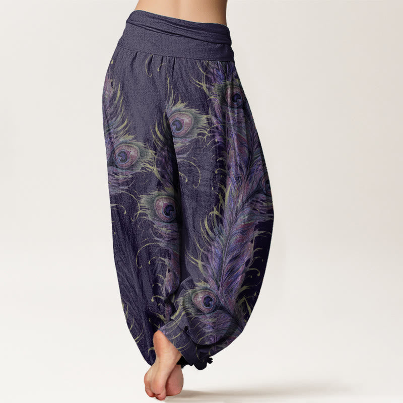 Pantaloni harem da donna con elastico in vita, in puro cotone con motivo fenice brillante, Buddha Stones