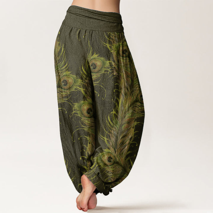 Pantaloni harem da donna con elastico in vita, in puro cotone con motivo fenice brillante, Buddha Stones