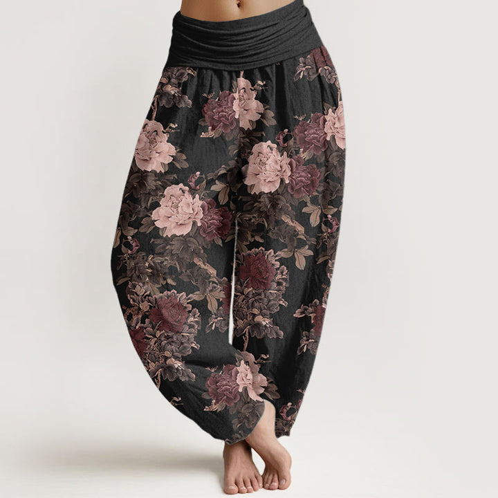 Pantaloni harem da donna in puro cotone con elastico in vita, motivo a foglie e fiori di peonia, stile casual, Buddha Stones - Nero - US22, UK/AU26, EU54 (6XL) - image 0