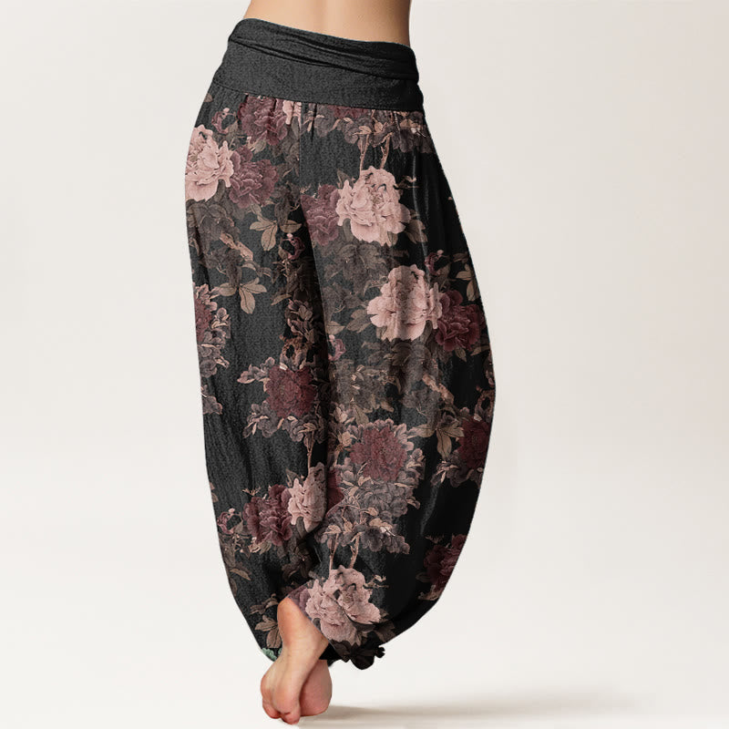 Pantaloni harem da donna in puro cotone con elastico in vita, motivo a foglie e fiori di peonia, stile casual, Buddha Stones