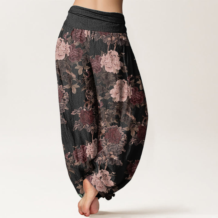 Pantaloni harem da donna in puro cotone con elastico in vita, motivo a foglie e fiori di peonia, stile casual, Buddha Stones