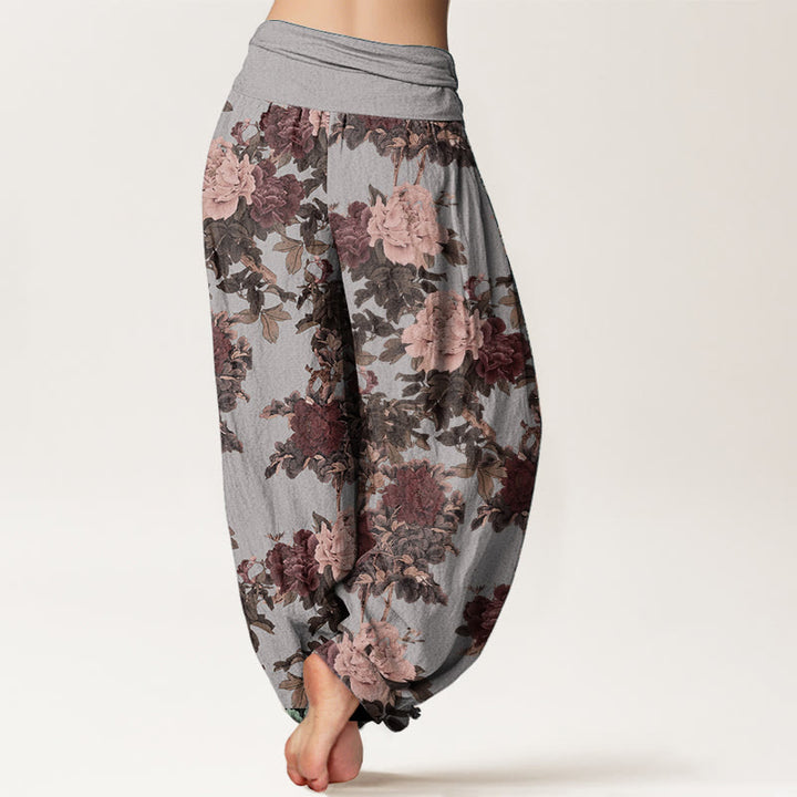 Pantaloni harem da donna in puro cotone con elastico in vita, motivo a foglie e fiori di peonia, stile casual, Buddha Stones