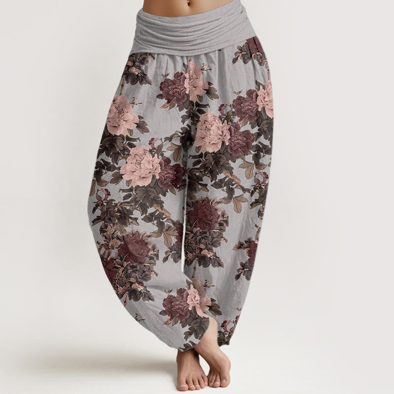 Pantaloni harem da donna in puro cotone con elastico in vita, motivo a foglie e fiori di peonia, stile casual, Buddha Stones