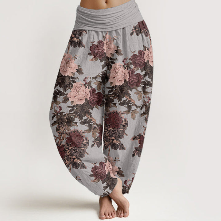 Pantaloni harem da donna in puro cotone con elastico in vita, motivo a foglie e fiori di peonia, stile casual, Buddha Stones