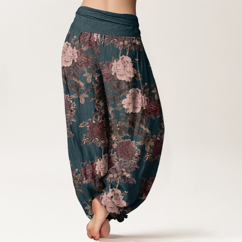Pantaloni harem da donna in puro cotone con elastico in vita, motivo a foglie e fiori di peonia, stile casual, Buddha Stones