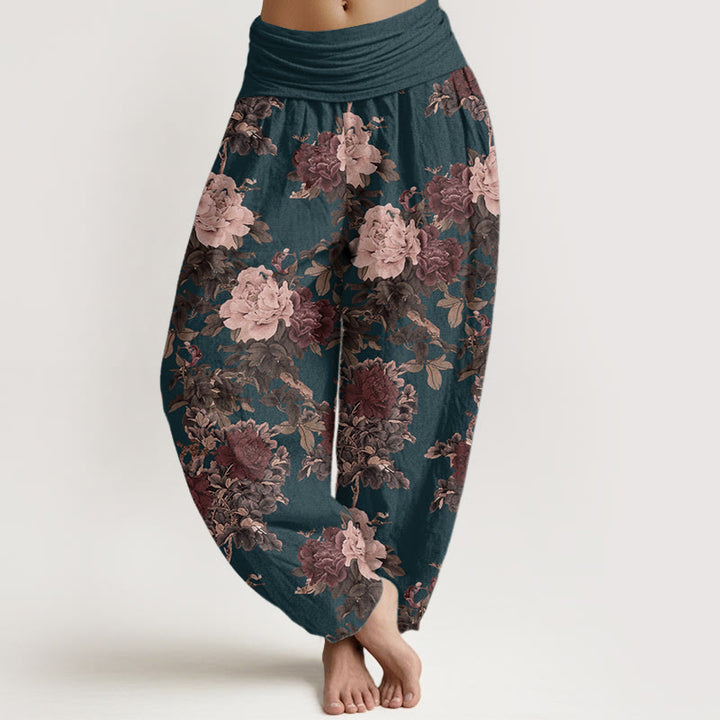 Pantaloni harem da donna in puro cotone con elastico in vita, motivo a foglie e fiori di peonia, stile casual, Buddha Stones