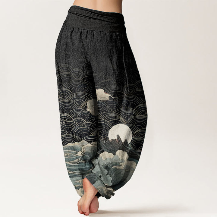 Pantaloni harem da donna con elastico in vita, modello casual in puro cotone con motivo a onde, luna e montagna, motivo Buddha Stones