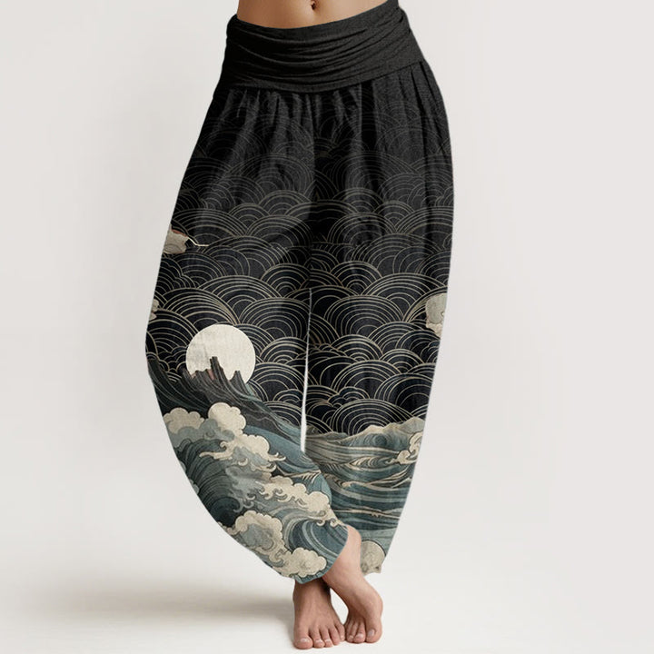 Pantaloni harem da donna con elastico in vita, modello casual in puro cotone con motivo a onde, luna e montagna, motivo Buddha Stones