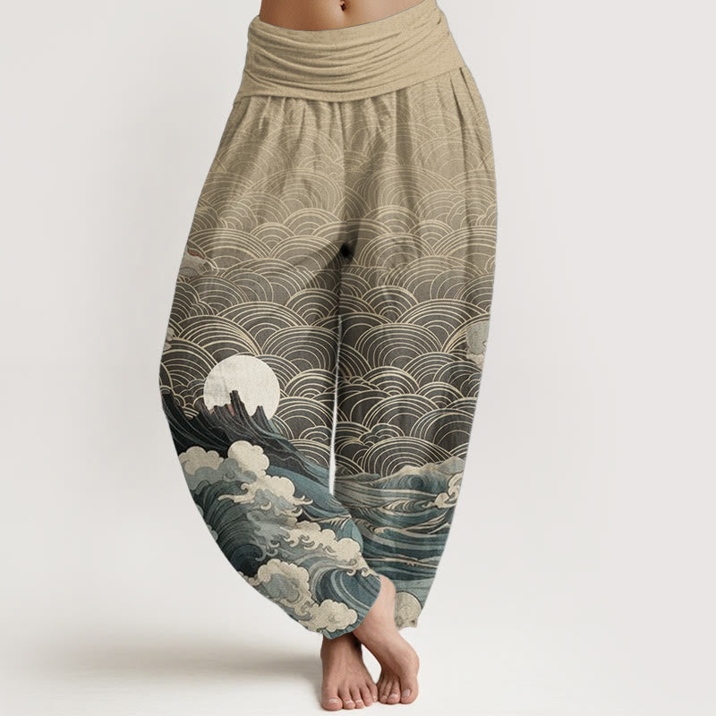 Pantaloni harem da donna con elastico in vita, modello casual in puro cotone con motivo a onde, luna e montagna, motivo Buddha Stones