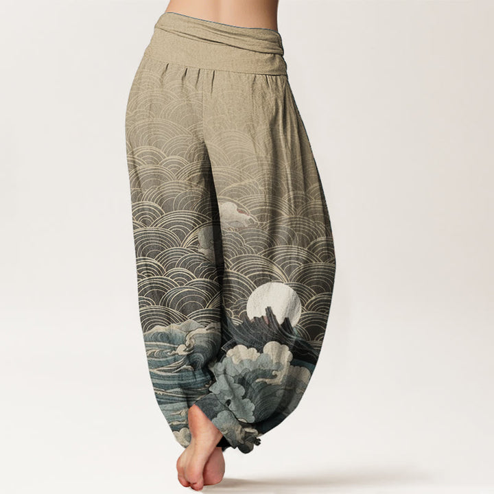 Pantaloni harem da donna con elastico in vita, modello casual in puro cotone con motivo a onde, luna e montagna, motivo Buddha Stones