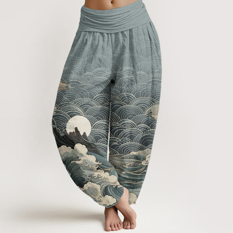 Pantaloni harem da donna con elastico in vita, modello casual in puro cotone con motivo a onde, luna e montagna, motivo Buddha Stones