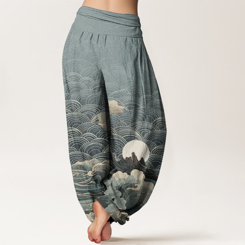 Pantaloni harem da donna con elastico in vita, modello casual in puro cotone con motivo a onde, luna e montagna, motivo Buddha Stones