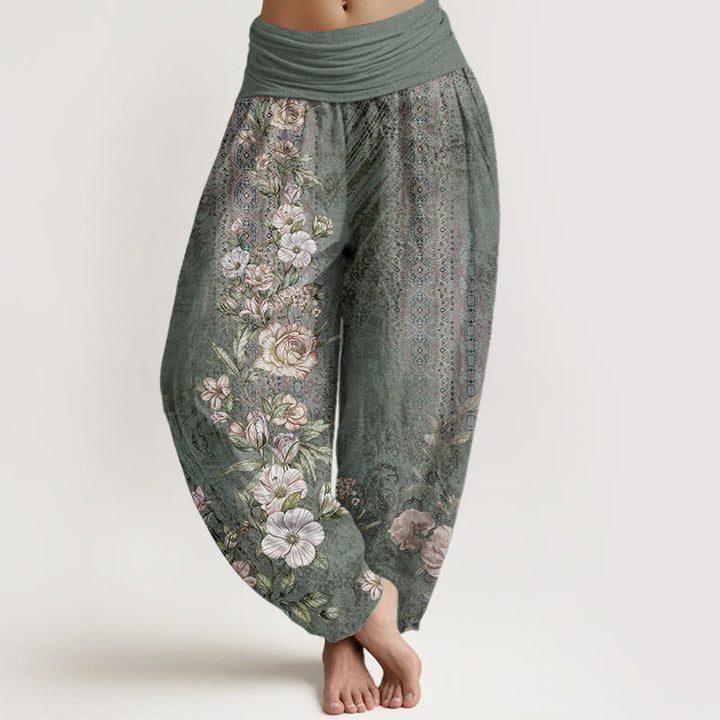 Pantaloni harem da donna con elastico in vita, in puro cotone, con motivo etnico floreale totem, motivo etnico Buddha Stones