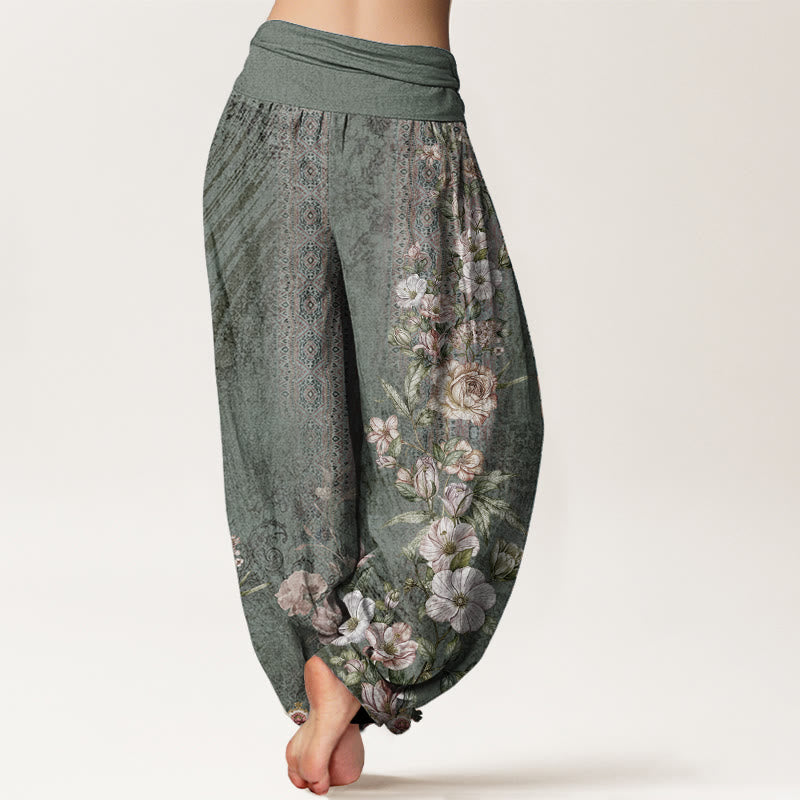 Pantaloni harem da donna con elastico in vita, in puro cotone, con motivo etnico floreale totem, motivo etnico Buddha Stones
