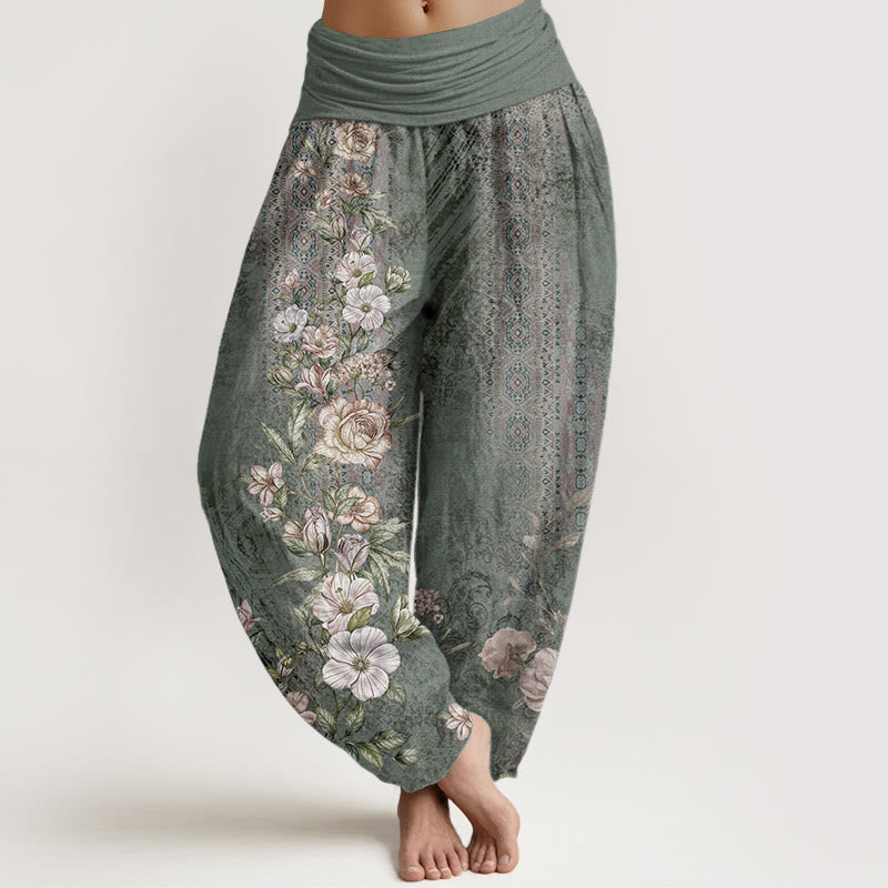 Pantaloni harem da donna con elastico in vita, in puro cotone, con motivo etnico floreale totem, motivo etnico Buddha Stones - Verdemare medio - US22, UK/AU26, EU54 (6XL) - image 0
