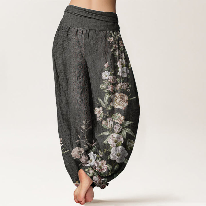 Pantaloni harem da donna con elastico in vita, in puro cotone, con motivo etnico floreale totem, motivo etnico Buddha Stones