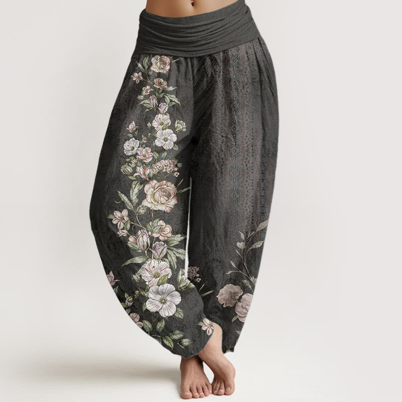 Pantaloni harem da donna con elastico in vita, in puro cotone, con motivo etnico floreale totem, motivo etnico Buddha Stones