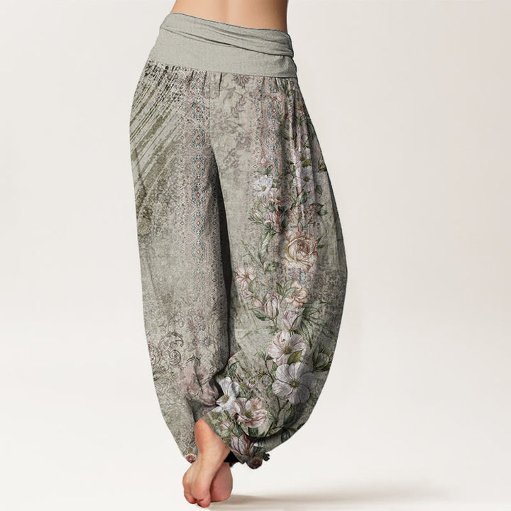 Pantaloni harem da donna con elastico in vita, in puro cotone, con motivo etnico floreale totem, motivo etnico Buddha Stones