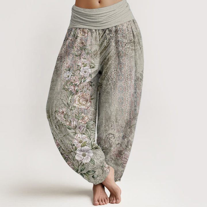 Pantaloni harem da donna con elastico in vita, in puro cotone, con motivo etnico floreale totem, motivo etnico Buddha Stones