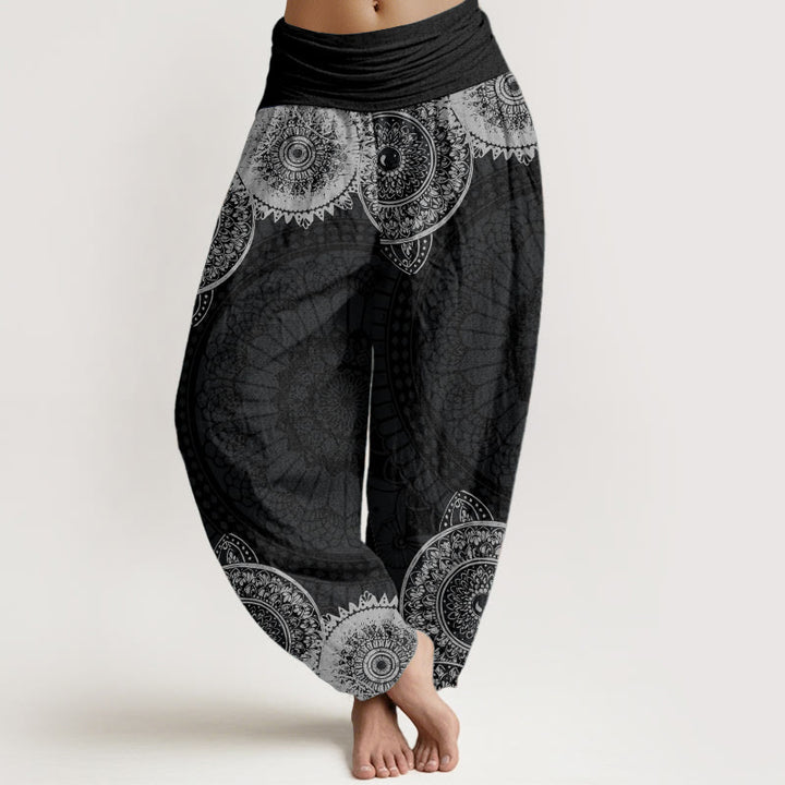 Pantaloni harem da donna con elastico in vita e motivo mandala circolare in puro cotone Buddha Stones