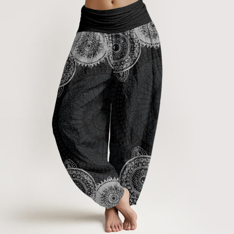 Pantaloni harem da donna con elastico in vita e motivo mandala circolare in puro cotone Buddha Stones - Nero - US22, UK/AU26, EU54 (6XL) - image 0