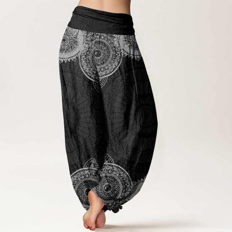 Pantaloni harem da donna con elastico in vita e motivo mandala circolare in puro cotone Buddha Stones