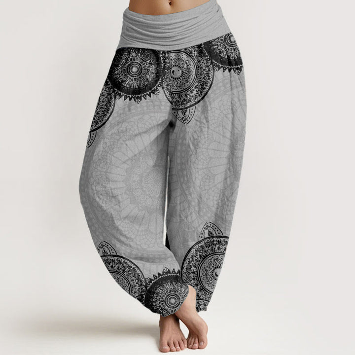 Pantaloni harem da donna con elastico in vita e motivo mandala circolare in puro cotone Buddha Stones