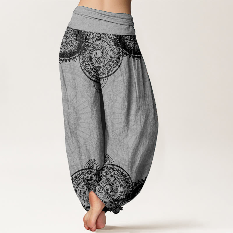 Pantaloni harem da donna con elastico in vita e motivo mandala circolare in puro cotone Buddha Stones
