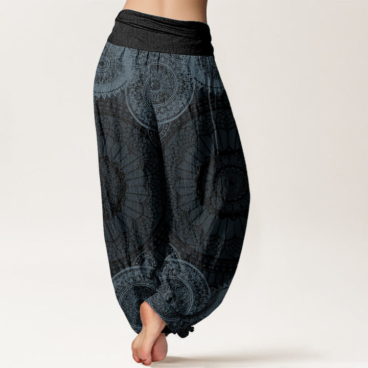 Pantaloni harem da donna con elastico in vita e motivo mandala circolare in puro cotone Buddha Stones