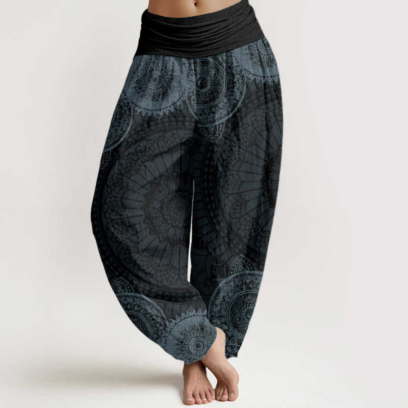 Pantaloni harem da donna con elastico in vita e motivo mandala circolare in puro cotone Buddha Stones