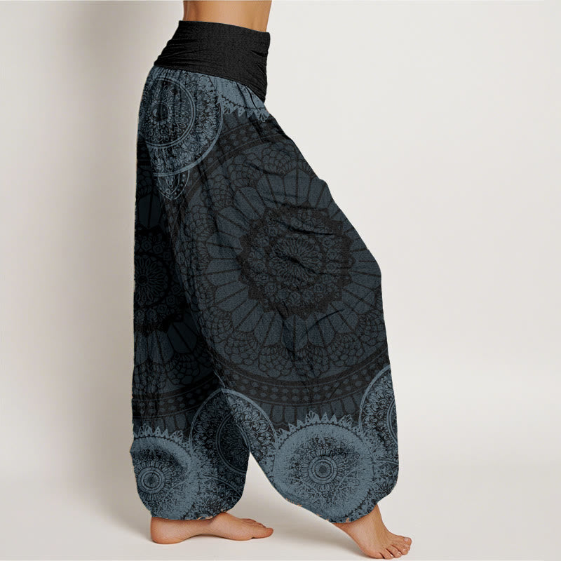 Pantaloni harem da donna con elastico in vita e motivo mandala circolare in puro cotone Buddha Stones