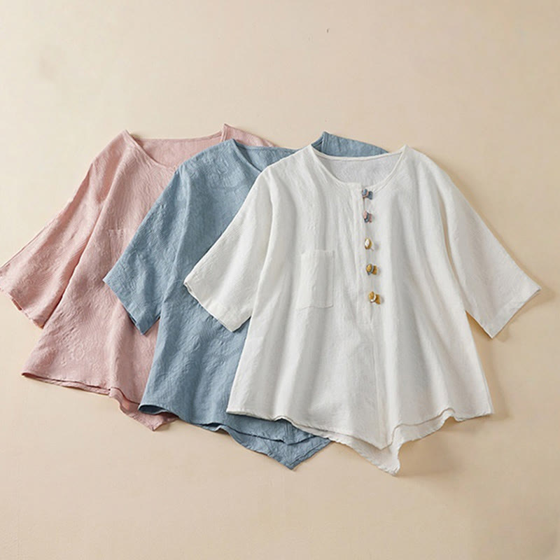 Camicia da donna in cotone e lino con maniche corte, motivo Buddha Stones, fiori colorati e rane, bottoni - image 1