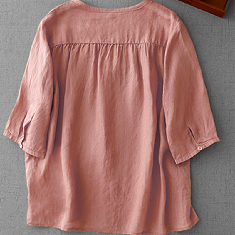 Camicia da donna a maniche corte in cotone con ricamo artistico a tinta unita e bottoni frontali, con motivo Buddha Stones. - image 1