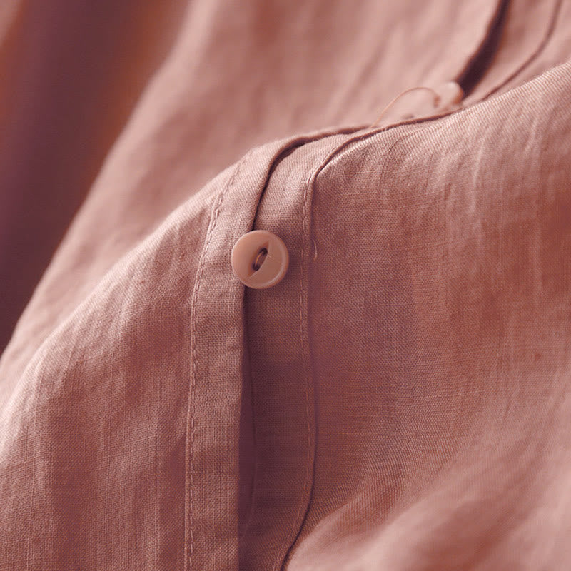 Camicia da donna a maniche corte in cotone con ricamo artistico a tinta unita e bottoni frontali, con motivo Buddha Stones. - image 4